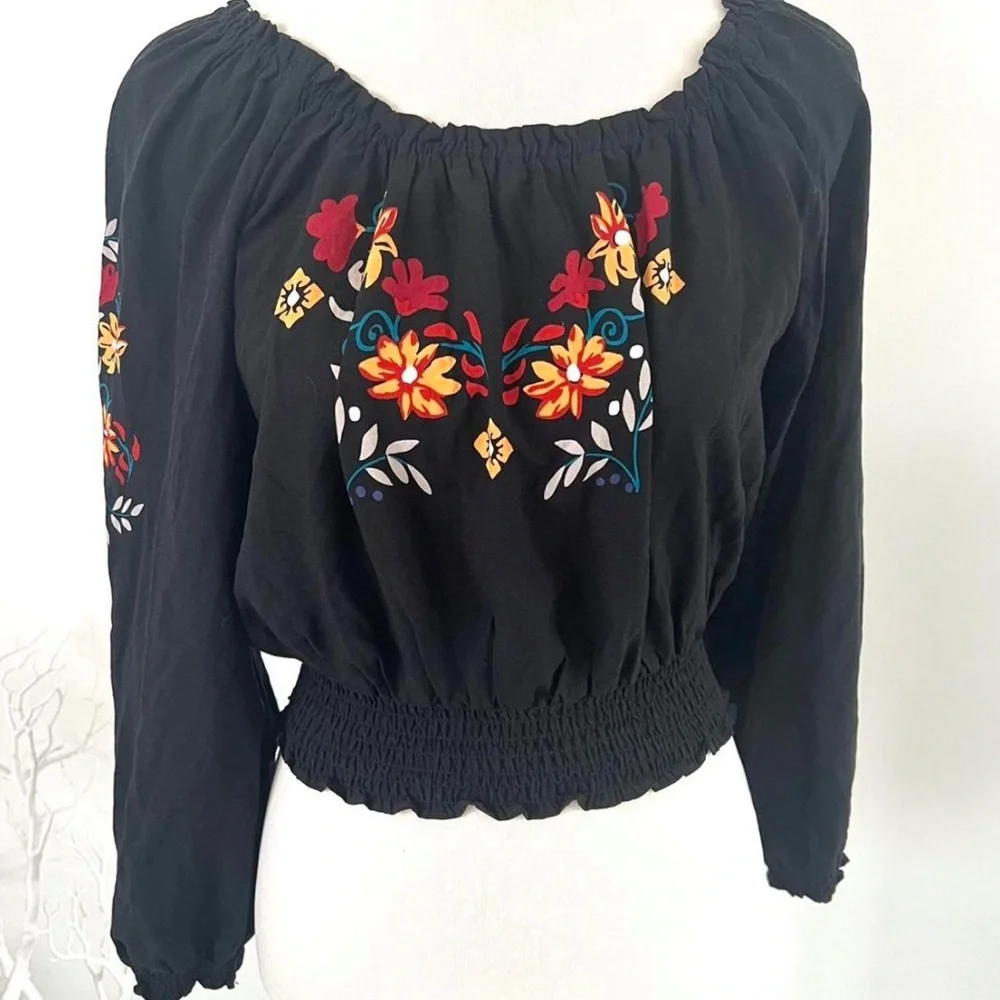 H&M Divided Black Colorful Floral Embroidery Look Long Sleeves Top Blouse Size 2 - Picture 1 of 12